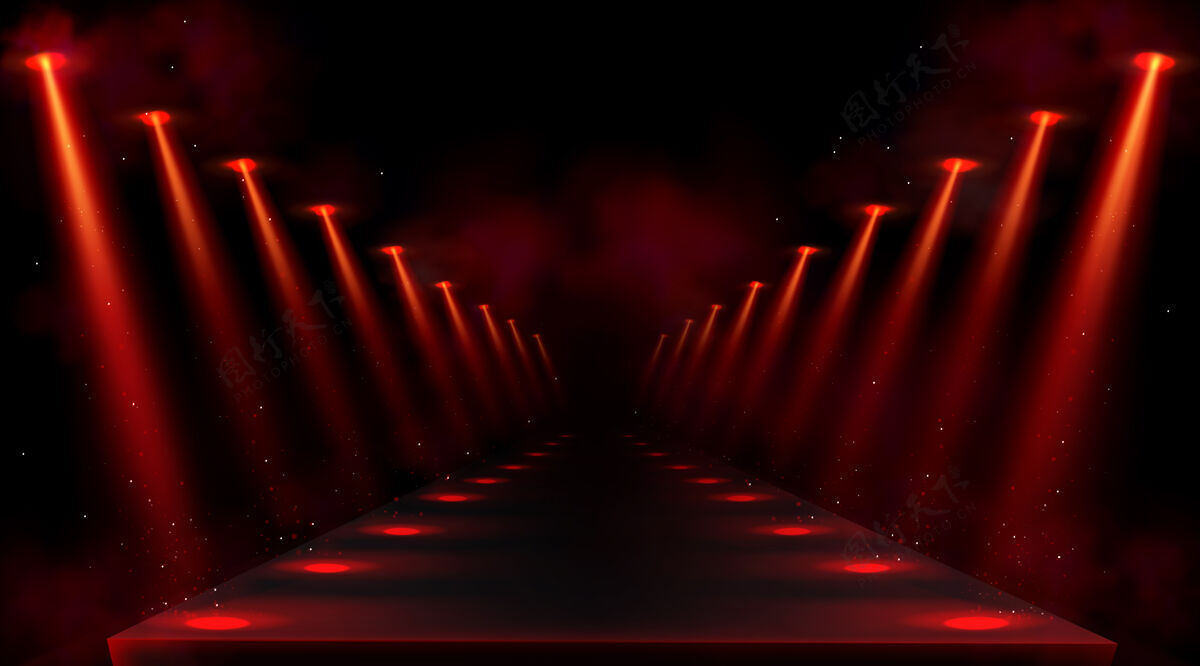 空红色聚光灯照亮的讲台空的平台或舞台上有灯光和地板上的光点黑暗大厅或走廊的真实内部有投影仪光线和烟雾照明光投影仪