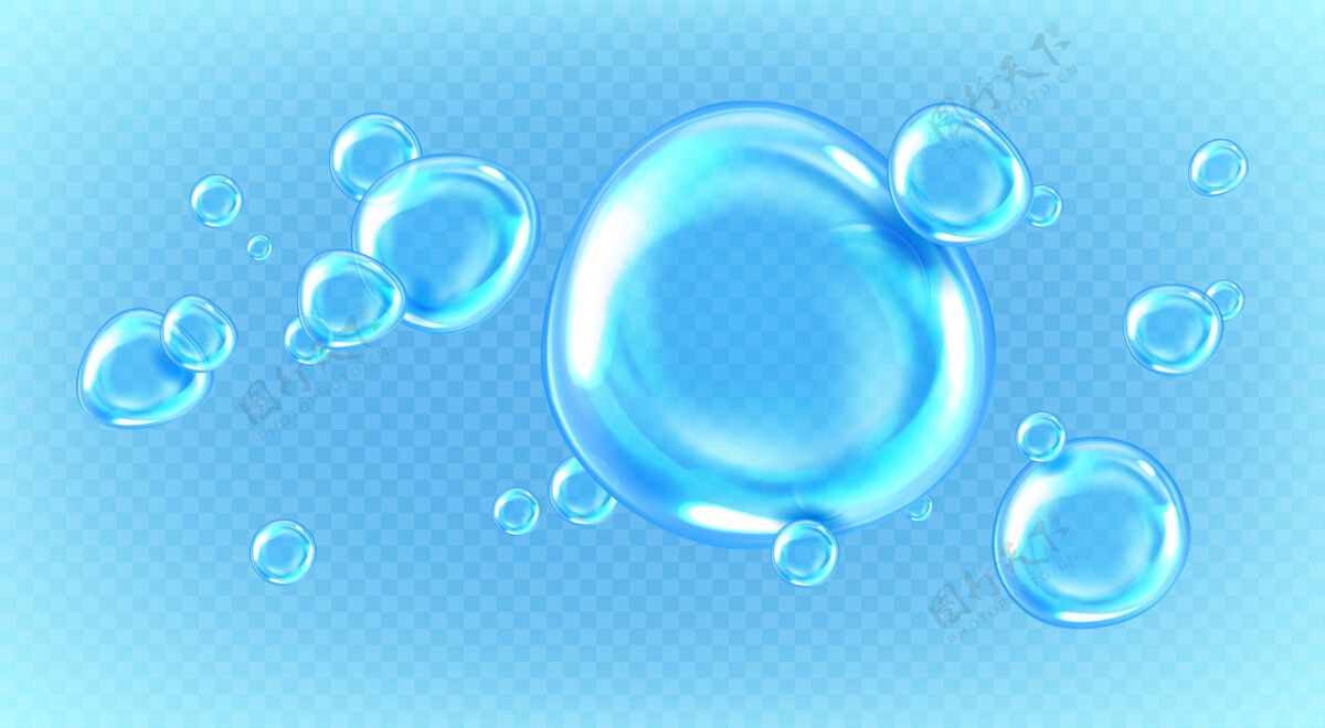 透明透明背景上孤立的水滴或气泡一组真实的干净雨滴 清澈的蓝色纯水球 3d闪亮的露珠或眼泪露水水气泡