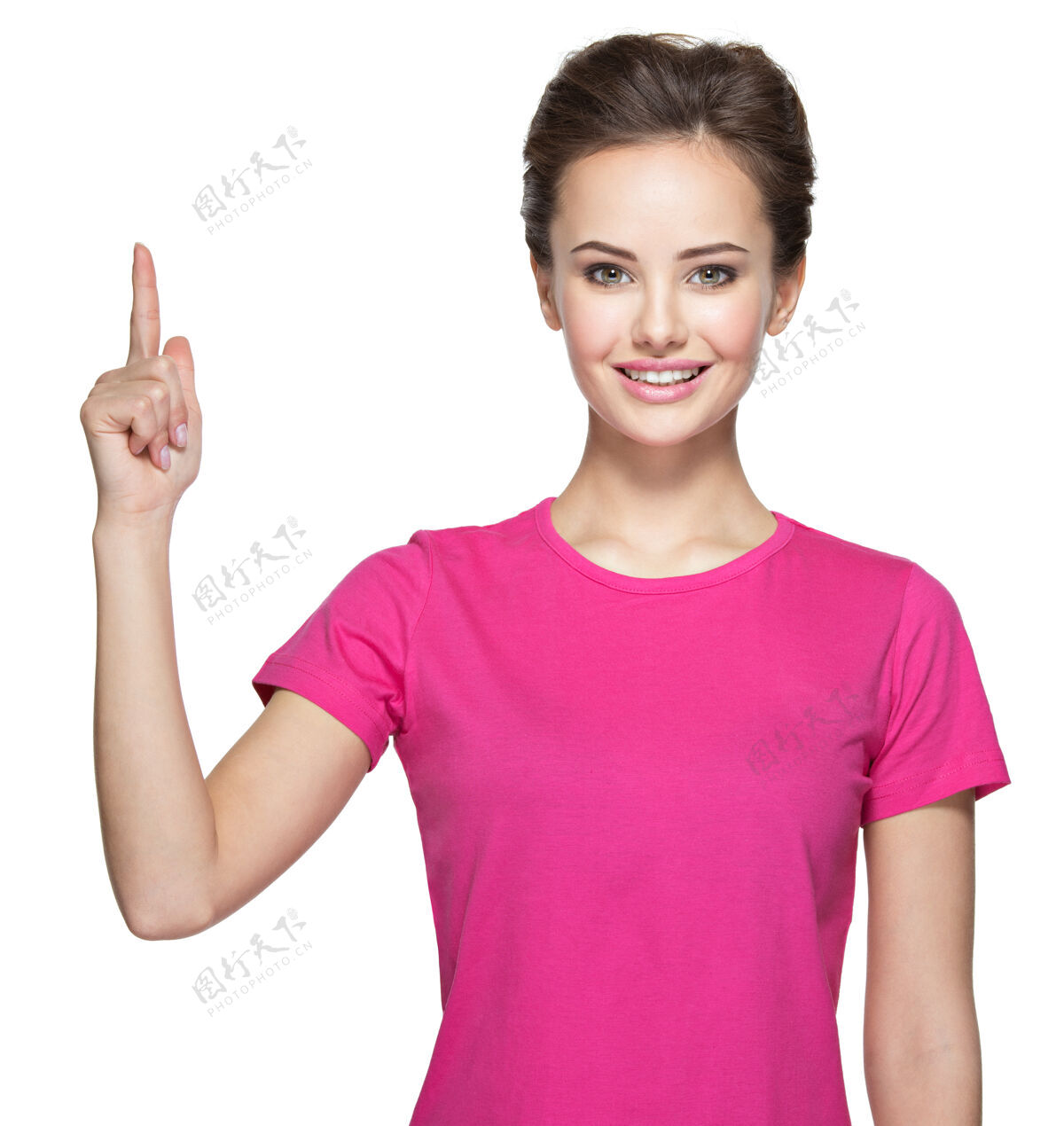 手指快乐女人用手指向上指着的画像手势衬衫女性