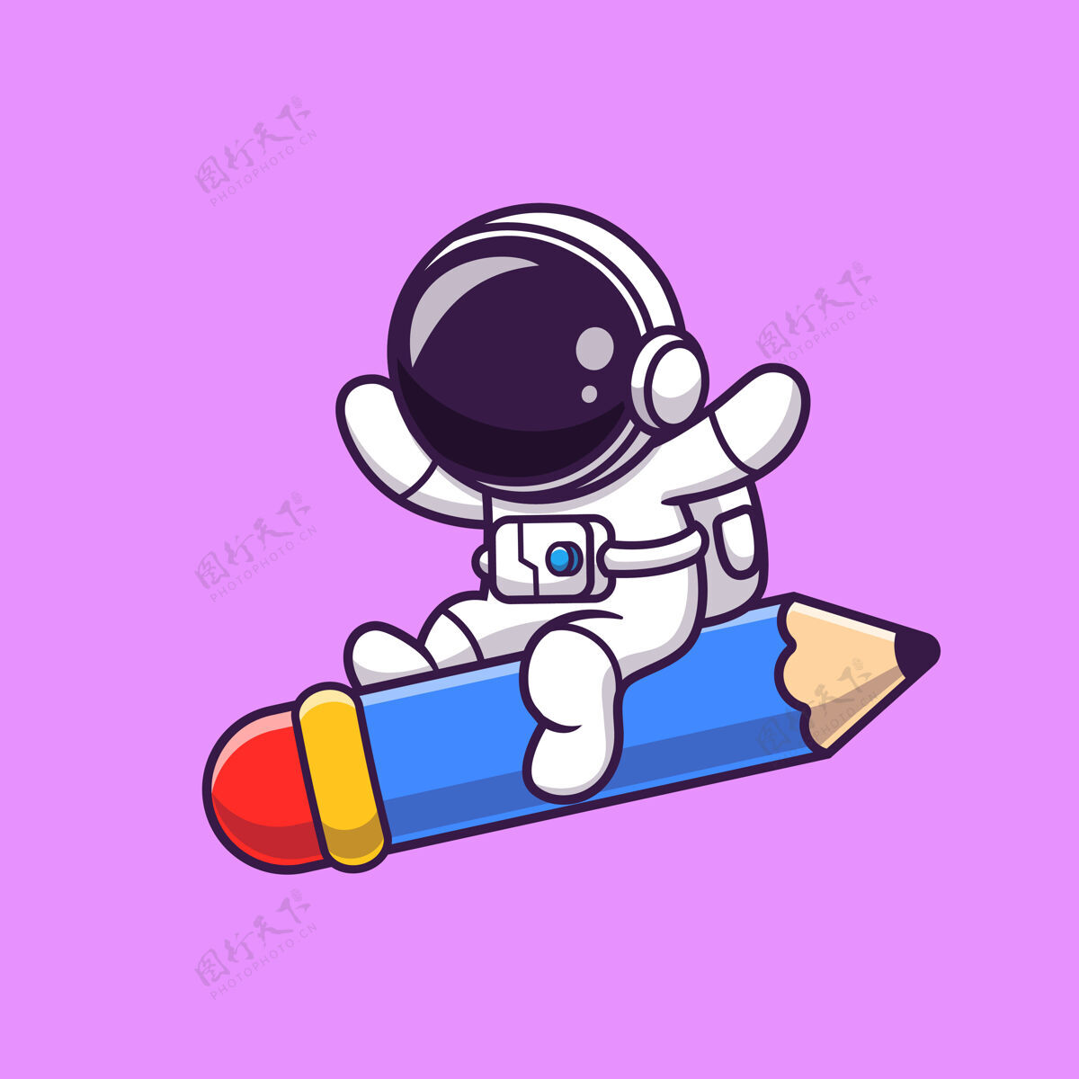 吉祥物可爱的宇航员与铅笔火箭卡通飞行学生银河宇宙飞船