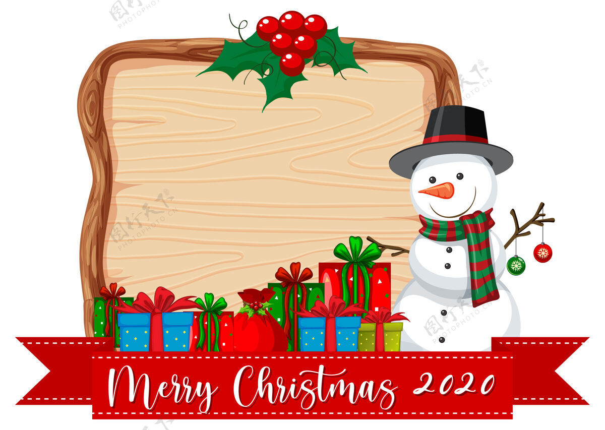 敬礼空白木板与圣诞快乐2020信息和雪人贺卡信插图