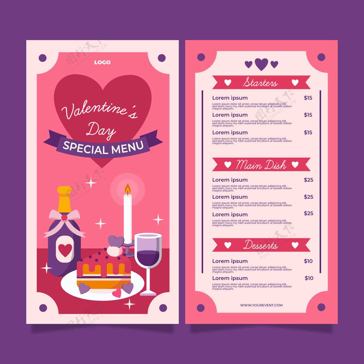 设计平面情人节餐厅菜单模板与插图情人节浪漫餐厅