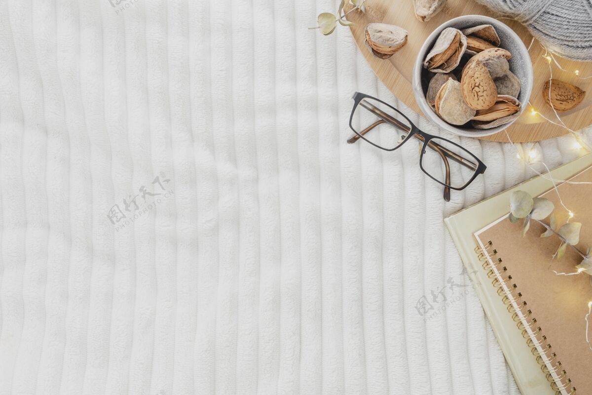 湿度顶视图眼镜和议程在毯子上室内设计水平
