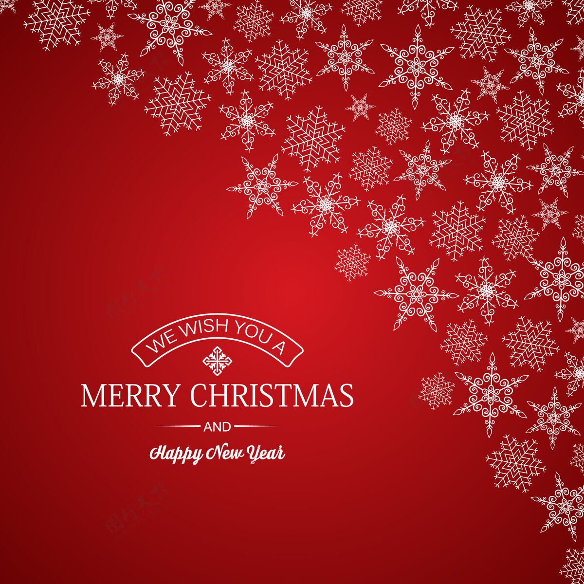 雪圣诞快乐和新年贺卡的题词和雪花的不同形状的红色剪影圣诞节闪亮