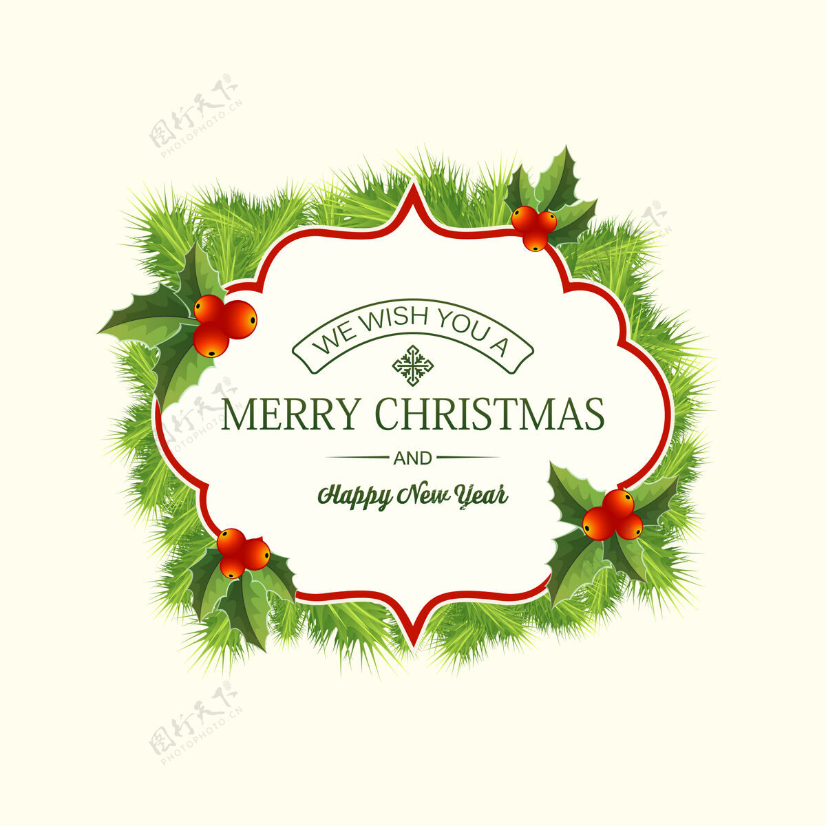 冬青现实的圣诞针叶花环卡片与问候语在框架冷杉树枝和冬青浆果诺埃尔自然快乐