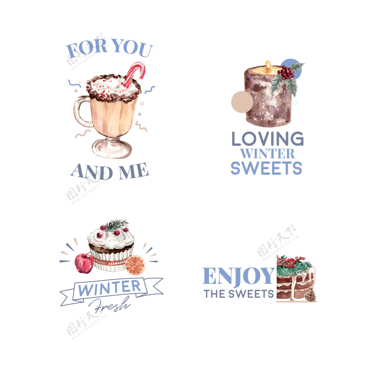 庆祝标志设计与冬季糖果在水彩画风格糖果装饰美味