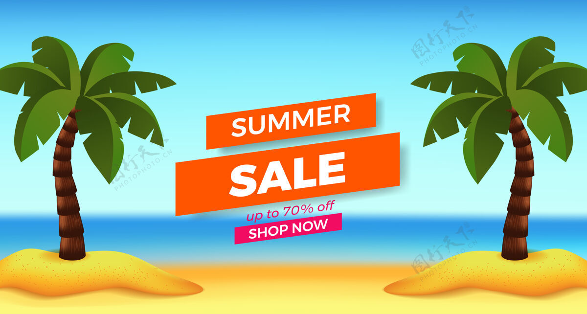 销售夏季促销提供横幅促销 沙滩景观和椰子树季节布局促销