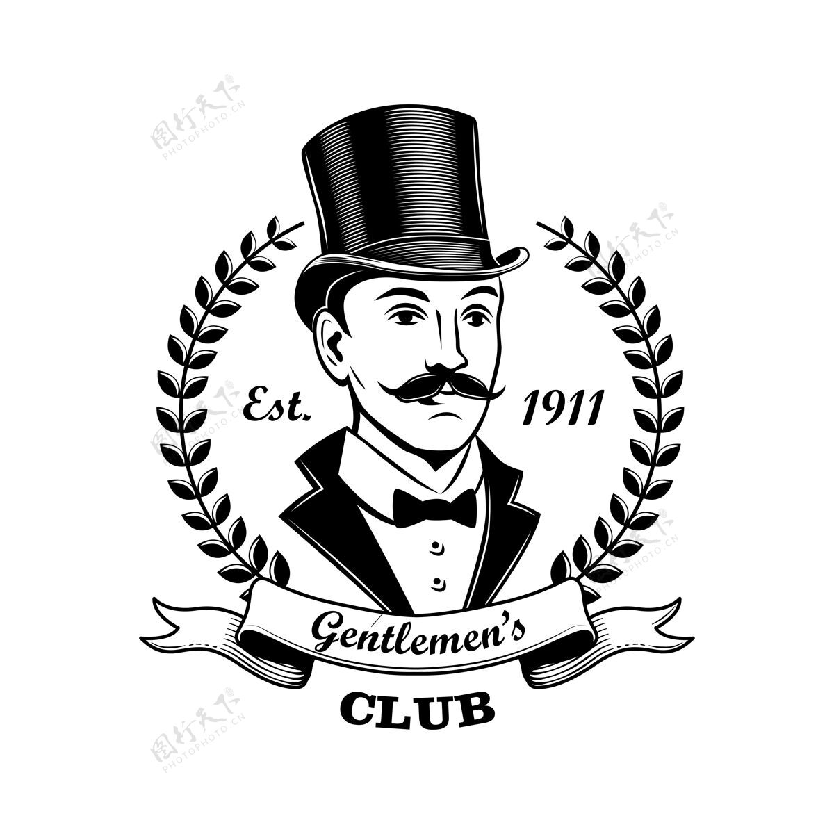 圆柱体绅士俱乐部徽章矢量插图男人在吸烟和顶帽子 桂冠花圈框架酒吧 酒吧或商店的概念标签或徽章模板桂冠酒吧书法