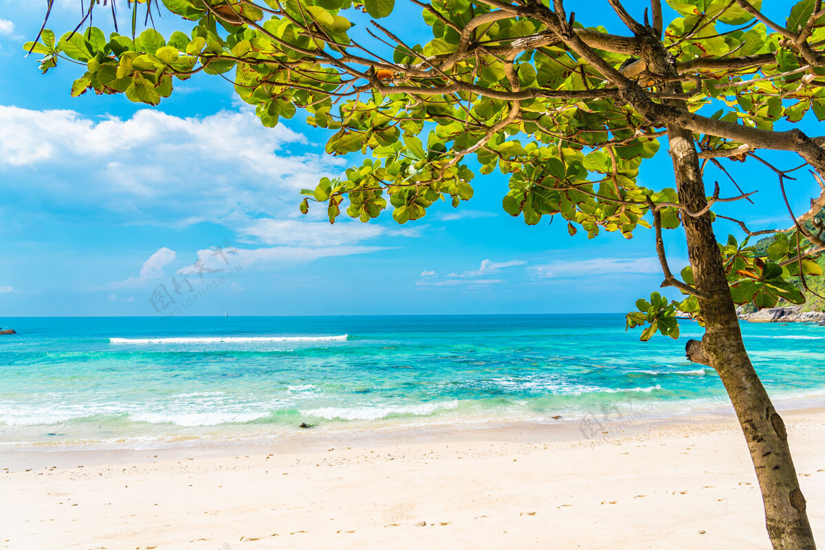 度假村美丽的热带海滩 大海 椰子树 蓝天白云环绕云冲浪炎热