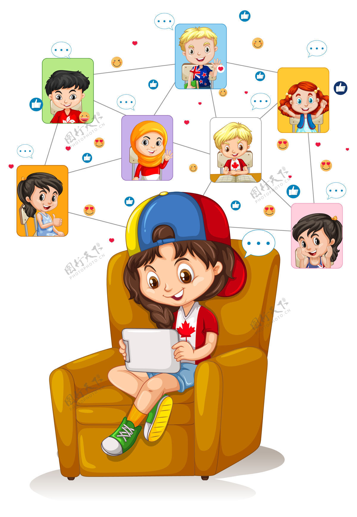 小一个女孩用平板电脑与朋友在白色背景下进行视频会议交流小卡通孩子