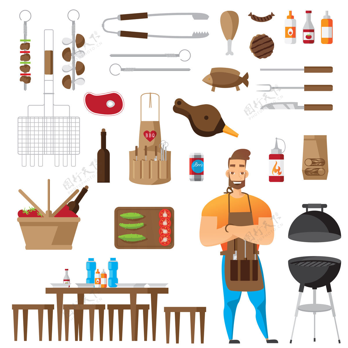 工具烧烤和烧烤配件平面图标集隔离午餐厨师野餐